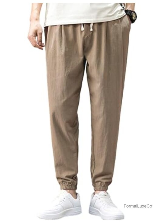 Other - Linen Blend Drawstring Harem Pants for Men, Elastic Waist Lightweight Casual